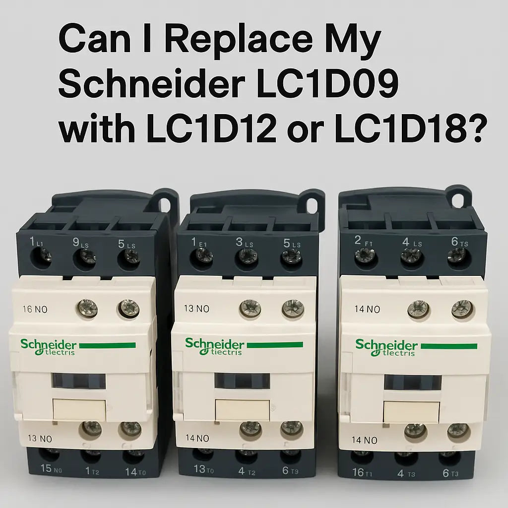 Schneider TeSys Deca LC1D09, LC1D12, and LC1D18 contactors shown side by side for motor control replacement comparison