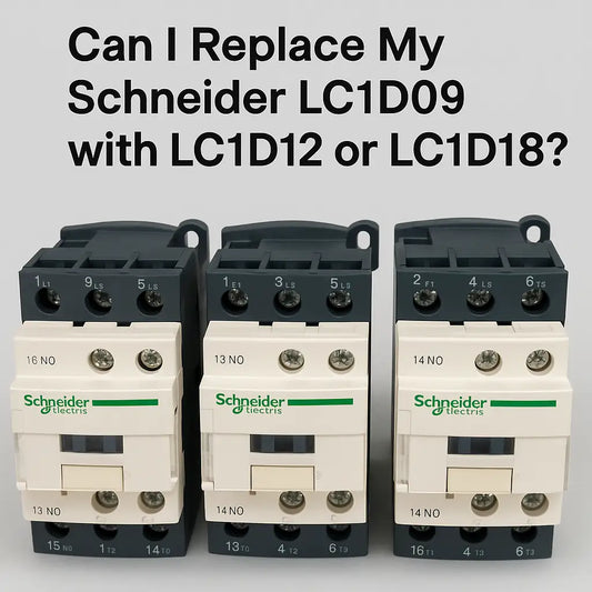 Schneider TeSys Deca LC1D09, LC1D12, and LC1D18 contactors shown side by side for motor control replacement comparison