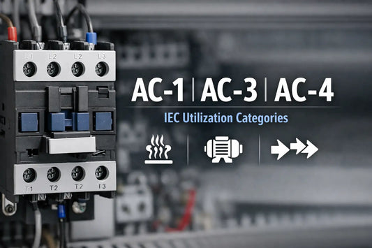 IEC contactor hero image showing AC-1, AC-3, and AC-4 utilization categories